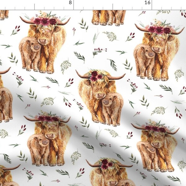 Highland Cow Brown Floral Fabric - Highland Cows With Leaves And Maroon Floral By Karolina Papiez - Highland Cow Fabric With Spoonflower