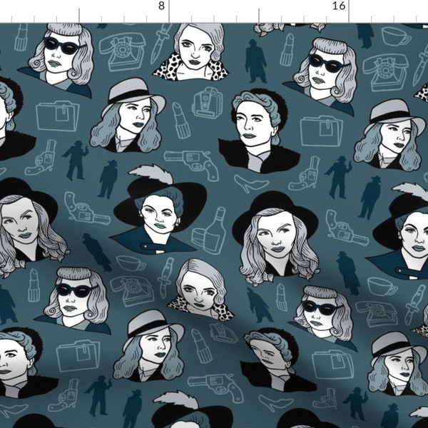 Hollywood Women Fabric - Deadly Dames By Bettyturbo - Blue Vintage Film Noir Movie Stars Cotton Fabric By The Yard With Spoonflower