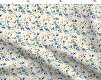 Boho Floral Fabric - 4" White And Blue Florals - Ivory By Shopcabin - Boho Florals Blue White Cotton Fabric By The Yard With Spoonflower