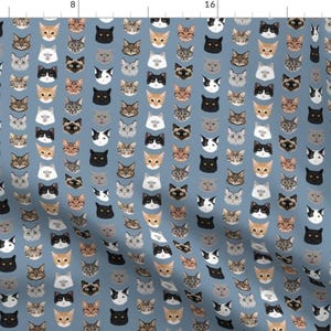 Cat Blue Fabric - Small - Cat Faces Hello Cats Kitty Cute Faces Cats Fabric By Petfriendly - Cat Cotton Fabric By The Yard With Spoonflower