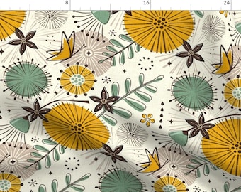 Flowers Fabric - Wild Garden By Studioxtine - Floral Mid Century Mod Mustard Green Beige Spring Cotton Fabric By The Yard With Spoonflower