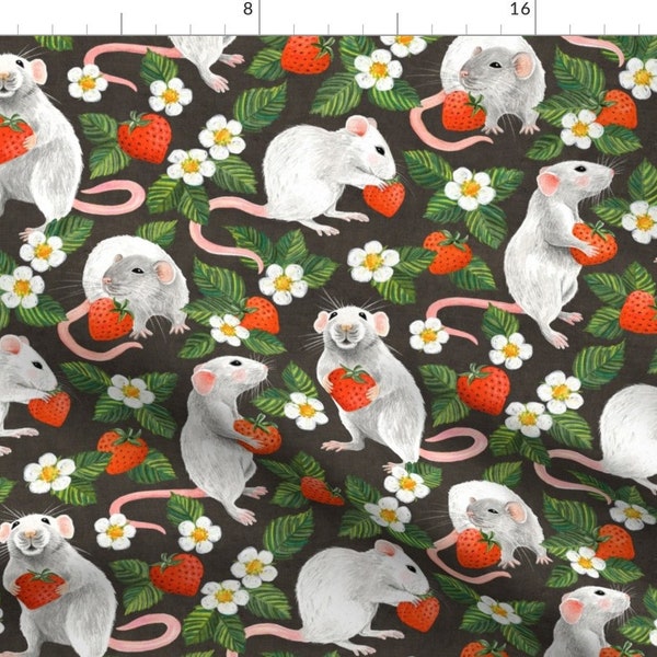 Cute Pet Rat Fabric - Rats Love Strawberries By Micklyn - Mouse Fruit Summer Field Night Brown Cotton Fabric By The Yard With Spoonflower