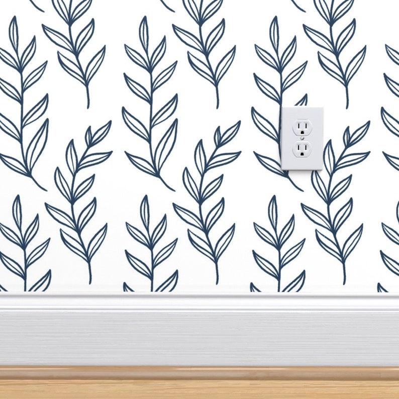 Blue Fern Wallpaper Blue Leaves on White by Alexispdesigns Etsy