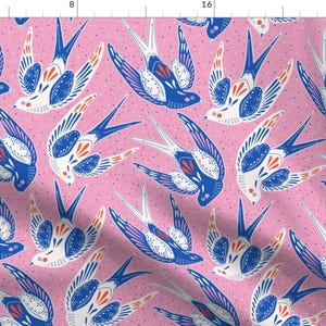Swallow Bird Fabric - Confetti Skies by the_printed_square_studio - Blue Retro Bird Sky Folk Swallow Pink Fabric by the Yard by Spoonflower