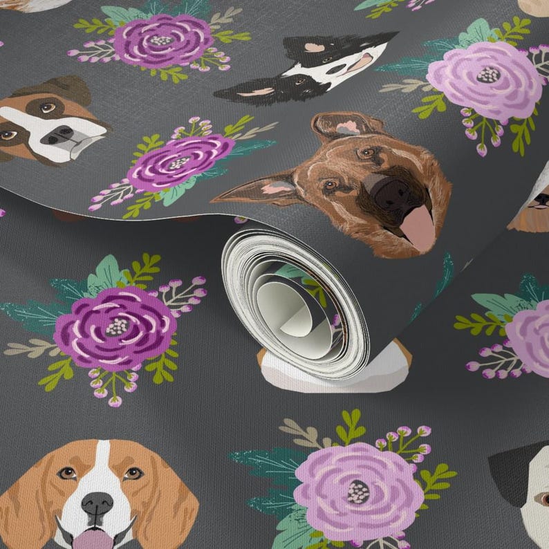 Pets Wallpaper - Dog Cat Floral Pet Lover Purple Gray By Petfriendly - Custom Printed Removable Self Adhesive Wallpaper Roll by Spoonflower image 3