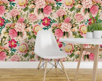 Redoute Pfingstrosen-Tapete zum Aufkleben – Romantische, florale, rosa Rosen-Chintz-Hochzeitstapete – Abnehmbare Wanddekoration – Redoute Rosen von utart