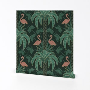 Flamingo Wallpaper - Palm Trees & Flamingo By Hannahshields - Art Deco Tropical Damask Removable Self Adhesive Wallpaper Roll by Spoonflower