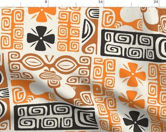Tapa Fabric - Tikis 2a By Muhlenkott - Tapa Tiki Tribal Black Orange Brown Tropical Paradise Cotton Fabric By The Yard With Spoonflower