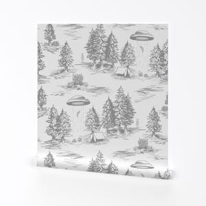 Peel-and-Stick-behang van de ufo - Space Aliens Whimsical Toile - Verwisselbare muurdecoratiekunst - Alien Abduction Toile De Jouy door somecallmebeth afbeelding 2