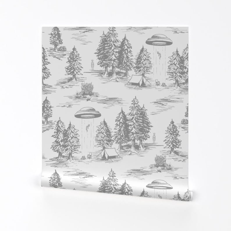 Peel-and-Stick-behang van de ufo - Space Aliens Whimsical Toile - Verwisselbare muurdecoratiekunst - Alien Abduction Toile De Jouy door somecallmebeth afbeelding 2