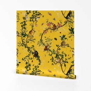 Vintage Wallpaper - Monkey World Reportable Yellow By Fifikoussout - Custom Printed Removable Self Adhesive Wallpaper Roll by Spoonflower
