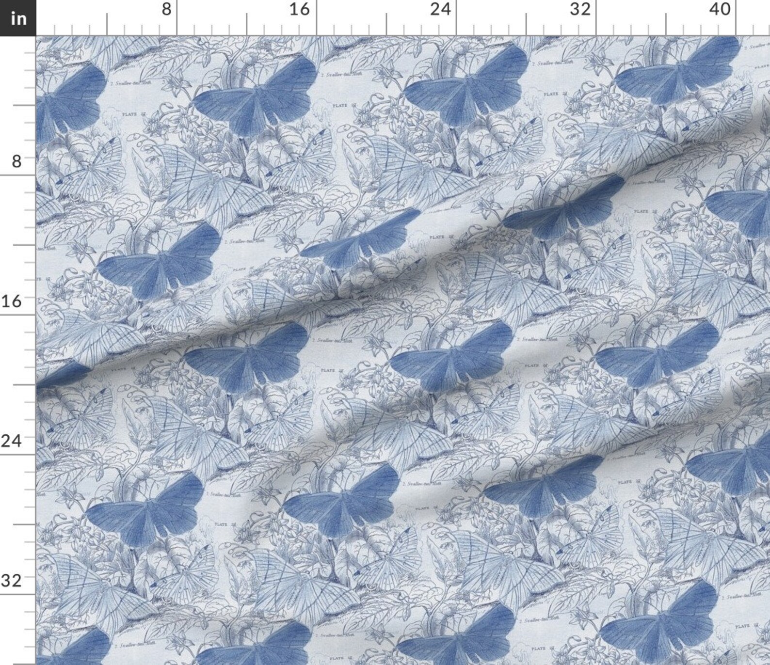 Blue Moths Fabric Moth Ridden Botanical Blue White by - Etsy
