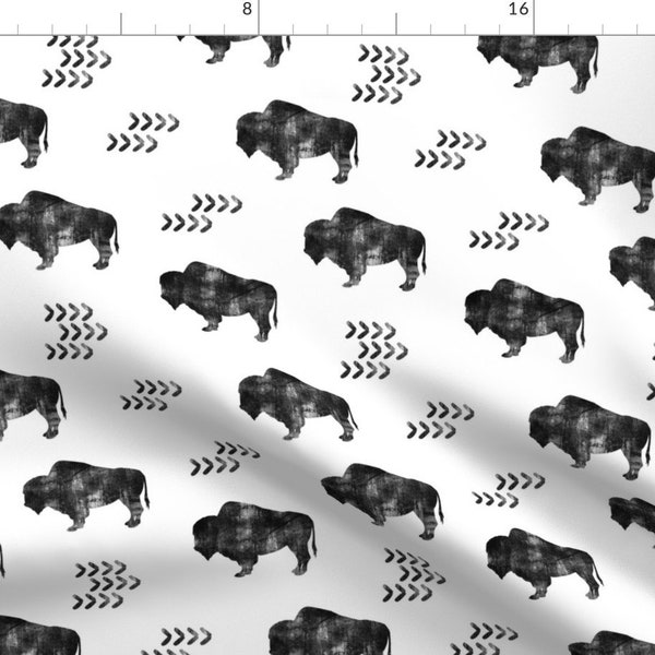 Buffalo Fabric - Distressed Buffalo || Bw By Littlearrowdesign - Distressed Bison Woodland Cotton Fabric By The Yard With Spoonflower
