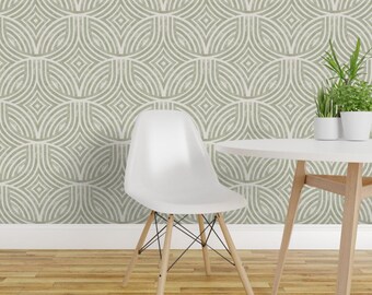 Art Deco Peel and Stick Wallpaper - Geometric Lines Arch Green Japandi Mcm - Removable Wall Decor Art - Geometric Arch Large by carlymorgan