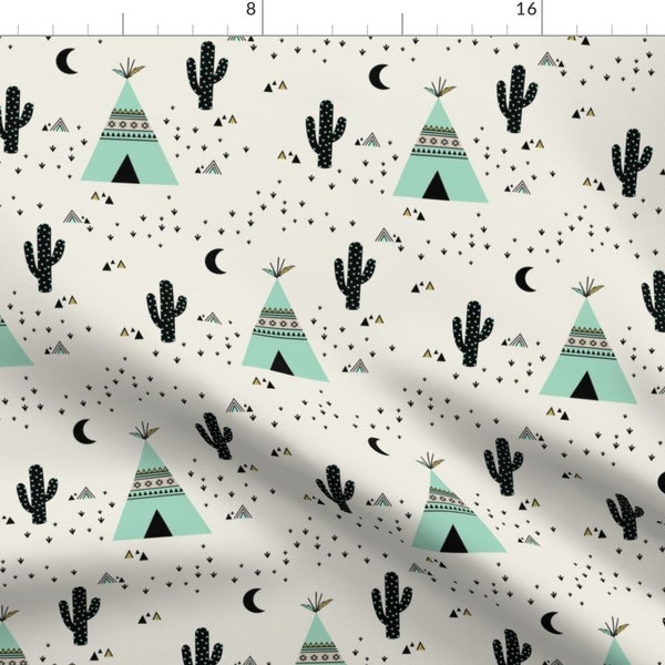 Cactus & Teepee Mint fabric by Kimsa - Southwestern Tipi and Cacti printed on a variety of cotton fabrics - by the yard with Spoonflower