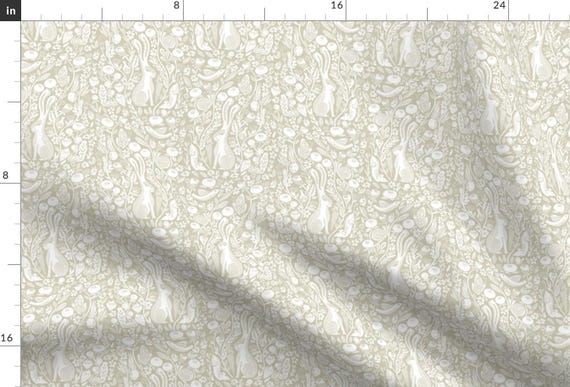 Hare Fabric - Linocut Hare by andrea_lauren - Botanical Print Woodland Linocut Botanical Nature Rabbit Fabric by the Yard by Spoonflower