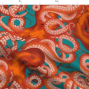 May include: A seamless pattern featuring a close-up of an orange octopus with white suckers on its tentacles against a teal blue background.