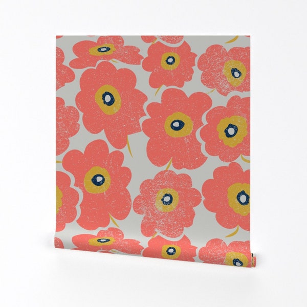 Navy and Coral Floral Wallpaper Etsy