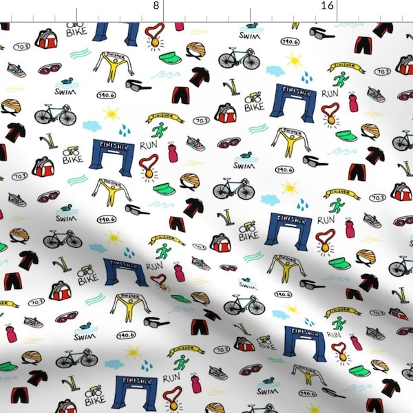 Swim Run Bike Fabric - Triathlon Doodles By Heatherdoucette - Swimming Running Bicycle Athlete Cotton Fabric By The Yard With Spoonflower