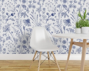 Botanical Wallpaper - Wild Flowers By Olgakorneeva - Blue White Toile Chinoiserie Removable Self Adhesive Wallpaper Roll by Spoonflower