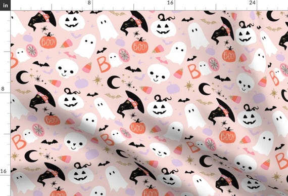 Spooky Cute Fabric - Spooky Cute Halloween By Hipkiddesigns - Blush Pink Halloween Ghosts Bats Cotton Fabric By The Yard With Spoonflower