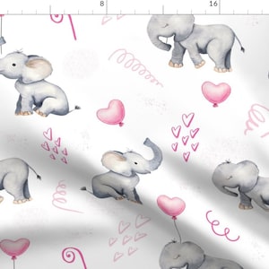 Elephant Animal Love Pink Gray Fabric - Pink Balloon Elephant By Karolina Papiez - Elephant Cotton Fabric By The Yard With Spoonflower