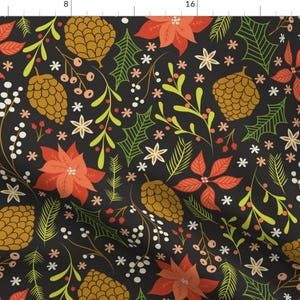 Poinsettia Floral Pattern  Fabric - Christmas Florals On Black By Latheandquill - Poinsettia Cotton Fabric By The Yard With Spoonflower