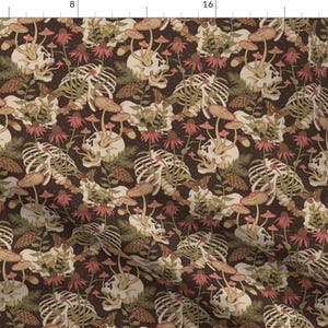 Whimsigoth Forest Fabric - Forest Funeral by spookishdelight - Dark Floral Cabincore Mushrooms Skeleton Fabric by the Yard by Spoonflower