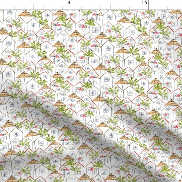 Beach Houses Fabric - Resort Town by anniemontgomerydesign - Tropical Beach Summer Windows Palm Trees Hut Fabric by the Yard by Spoonflower