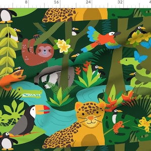 May include: A colorful jungle scene with a variety of animals, including a sloth, a jaguar, a toucan, a penguin, a snake, and a parrot. The background is a dark green with lush foliage and a blue river.