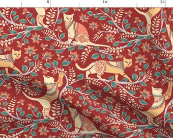 Cats Red Floral Illustration Fabric - Cats @ Kalamkari. By Irina Skaska - Cats Abstract Cotton Fabric By The Yard With Spoonflower