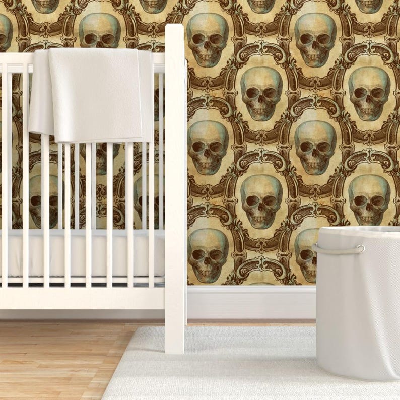Gothic Wallpaper- Victorian Skulls By Thecalvarium - Goth Vintage Skull Custom Printed Removable Self Adhesive Wallpaper Roll by Spoonflower image 6
