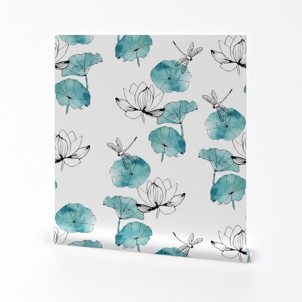 Waterlilies Wallpaper - Waterlily Dragonfly By Adenaj - Teal Black Custom Impreso Extraíble Autoadhesivo Wallpaper Roll por Spoonflower