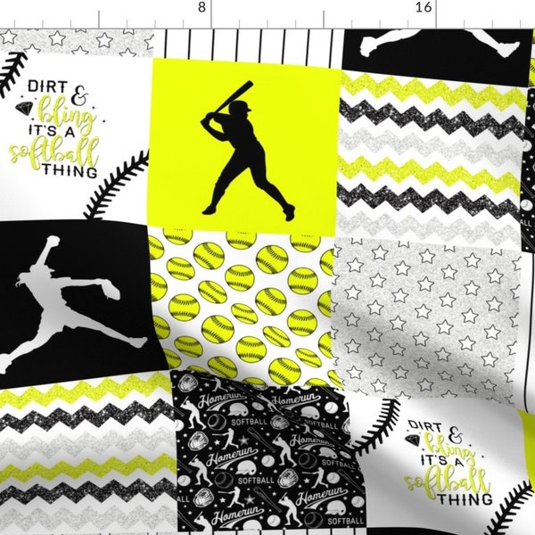 Yellow Softball Quilt Fabric - Softball - Dirt Bling - Wholecloth Cheater Quilt By Longdogcustomdesigns - Softball Fabric With Spoonflower