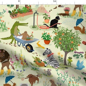 Whimsical Fabric - Animal Gardeners by dasbrooklyn -  Garden Animals Flowers Zoo Nature Children Kids Cat Fabric by the Yard by Spoonflower