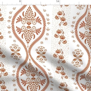 Burnt Orange Floral Fabric - Collette Floral Stripe by etienne - Cottage Stripe Floral Vine Rust White Fabric by the Yard by Spoonflower