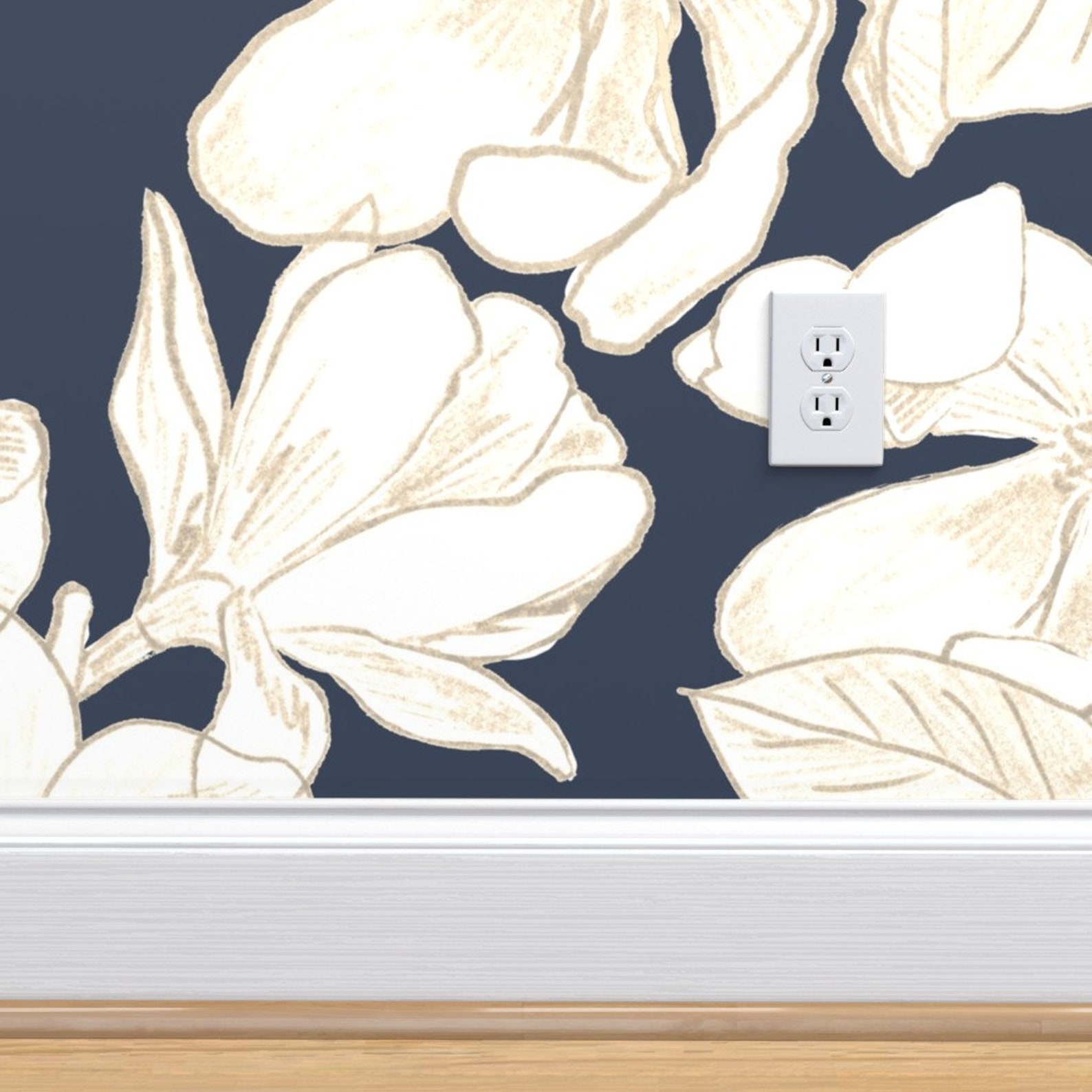 Floral Wallpaper Navy Magnolia Grandiflora by Etsy