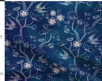 Shibori Blue Floral Illustration Spring Fabric - Shibori Garden By Ceciliamok - Shibori Trees Cotton Fabric By The Yard With Spoonflower