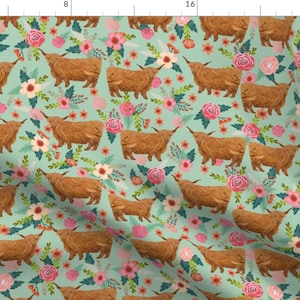 Cattle And Roses Fabric - Large - Highland Cattle Floral Fabric - Cow, Cows, Farm, Farmland, Highland, Cattle, Florals By Petfriendly