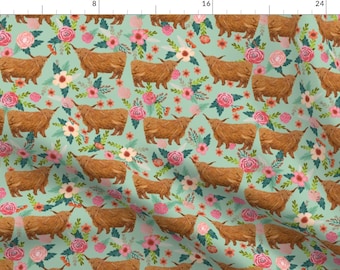 Cattle And Roses Fabric - Large - Highland Cattle Floral Fabric - Cow, Cows, Farm, Farmland, Highland, Cattle, Florals By Petfriendly
