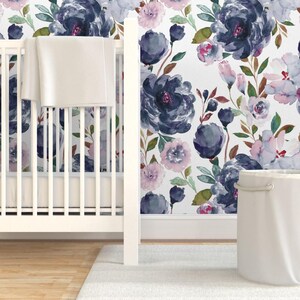 Romantic Floral Peel and Stick Wallpaper - Navy Botanical Feminine Meadow - Removable Wall Decor Art - Midnight Peonies by indybloomdesign image 6