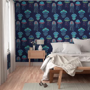 Jellyfish Wallpaper - Jellyfish Jubilee By Shellypenko - Blue Teal Red Custom Printed Removable Self Adhesive Wallpaper Roll by Spoonflower image 5