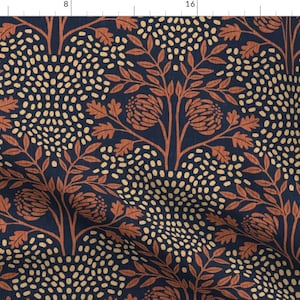 May include: A seamless pattern featuring stylized floral motifs in shades of burnt orange and cream on a dark blue background. The design includes stylized leaves, flowers, and a repeating pattern of small dots.