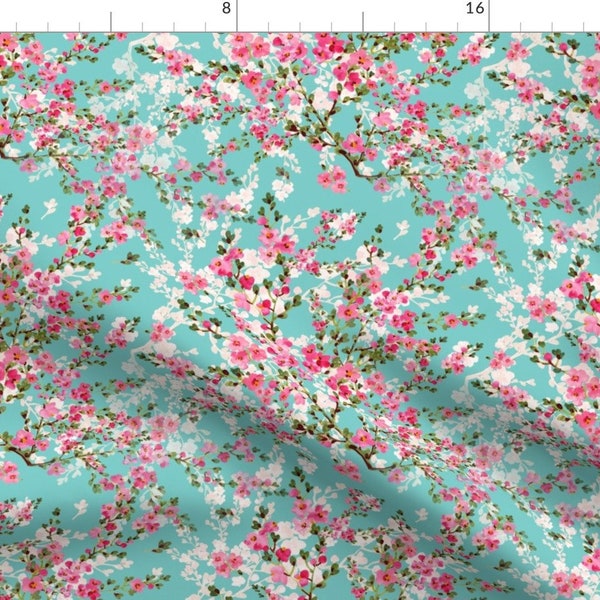 Cherry Fabric - Cherry Blossoms By Jaxie22 - Cherry Blossoms Spring Branches Aqua Pink Green Cotton Fabric By The Yard With Spoonflower