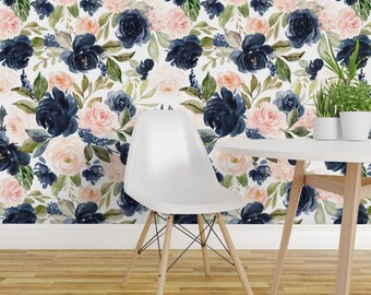 Floral Wallpaper - 12" Beach Blossoms White By Hipkiddesigns - Blue Custom Printed Removable Self Adhesive Wallpaper Roll by Spoonflower