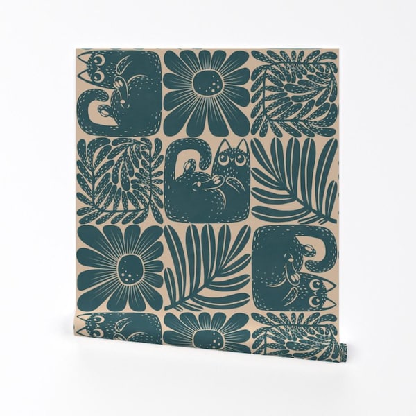 Teal Block Print Removable Peel and Stick Wallpaper - Retro Petrol Floral Cat Cream - Wall Art Wall Decor - Cats And Flowers by graf_katz