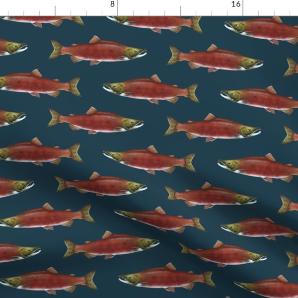 Red Salmon Fabric - Sockeye Salmon On 1d3d4c Navy By Weavingmajor - Pond Fish Beach Decor Cotton Fabric By The Yard With Spoonflower