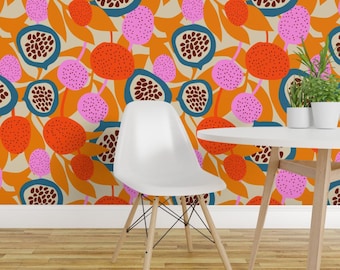 Papel pintado autoadhesivo con diseño de ensalada de frutas naranjas - Puntos florales botánicos de frutas - Decoración de pared removible - Picnic con ensalada de frutas de holli_zollinger