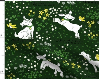 Goat Fabric - Tiptoe Through The Tulips - Large By Pinky Wittingslow - Goats on Dark Green Cotton Fabric By The Yard With Spoonflower