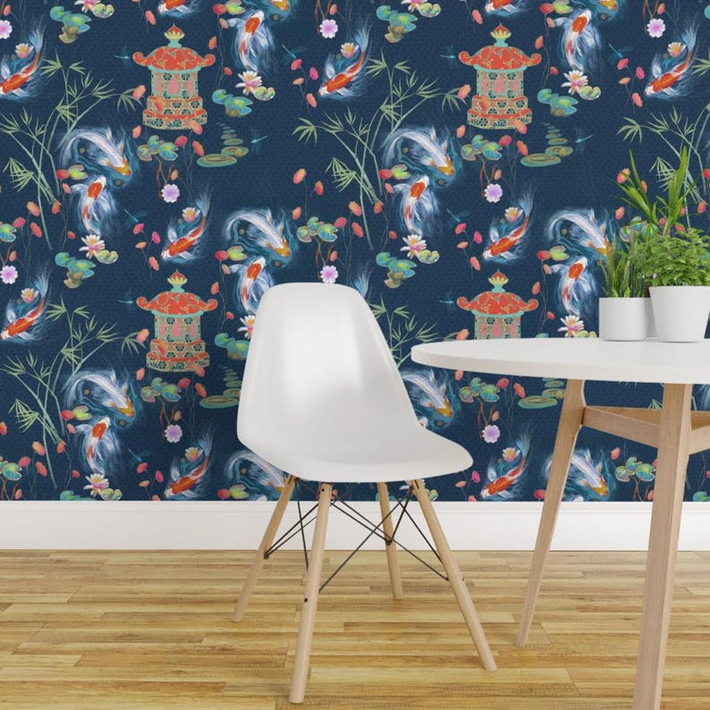 Japanese Wallpaper - Japanese Water Garden Navy By Designed By Debby - Custom Printed Removable Self Adhesive Wallpaper Roll by Spoonflower image 1